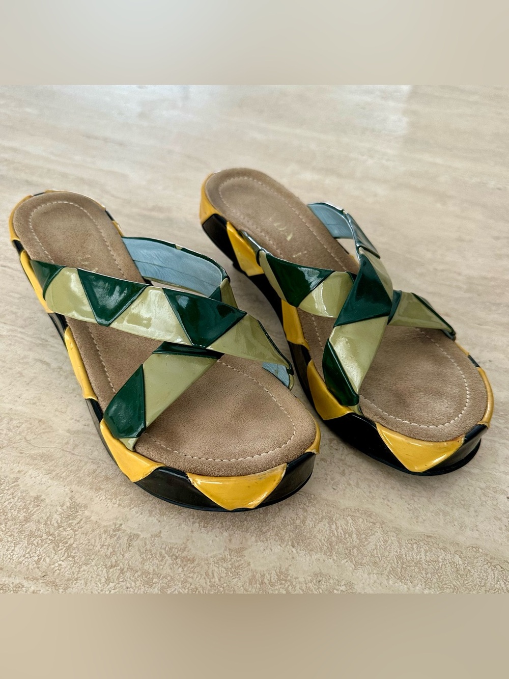 Rare Prada SS2004 Runway Geometric Patent Mules Sz 36.5
